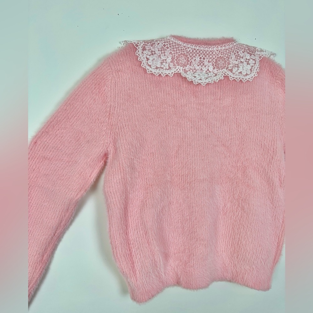Self Portrait Fluffy Knit Cardigan Pink Lace Collar - Picture 10 of 10